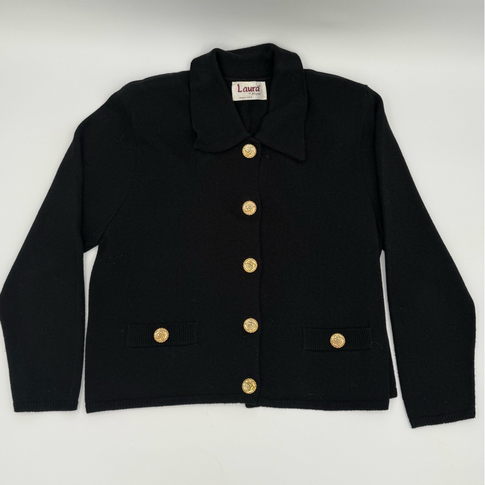 Black Cardigan with Gold Rose Buttons